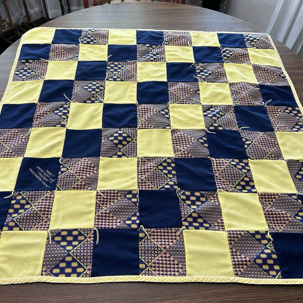 Handmade Patchwork Quilt 38"x38" Navy Yellow Tie Quilt Texas Quilters Guild